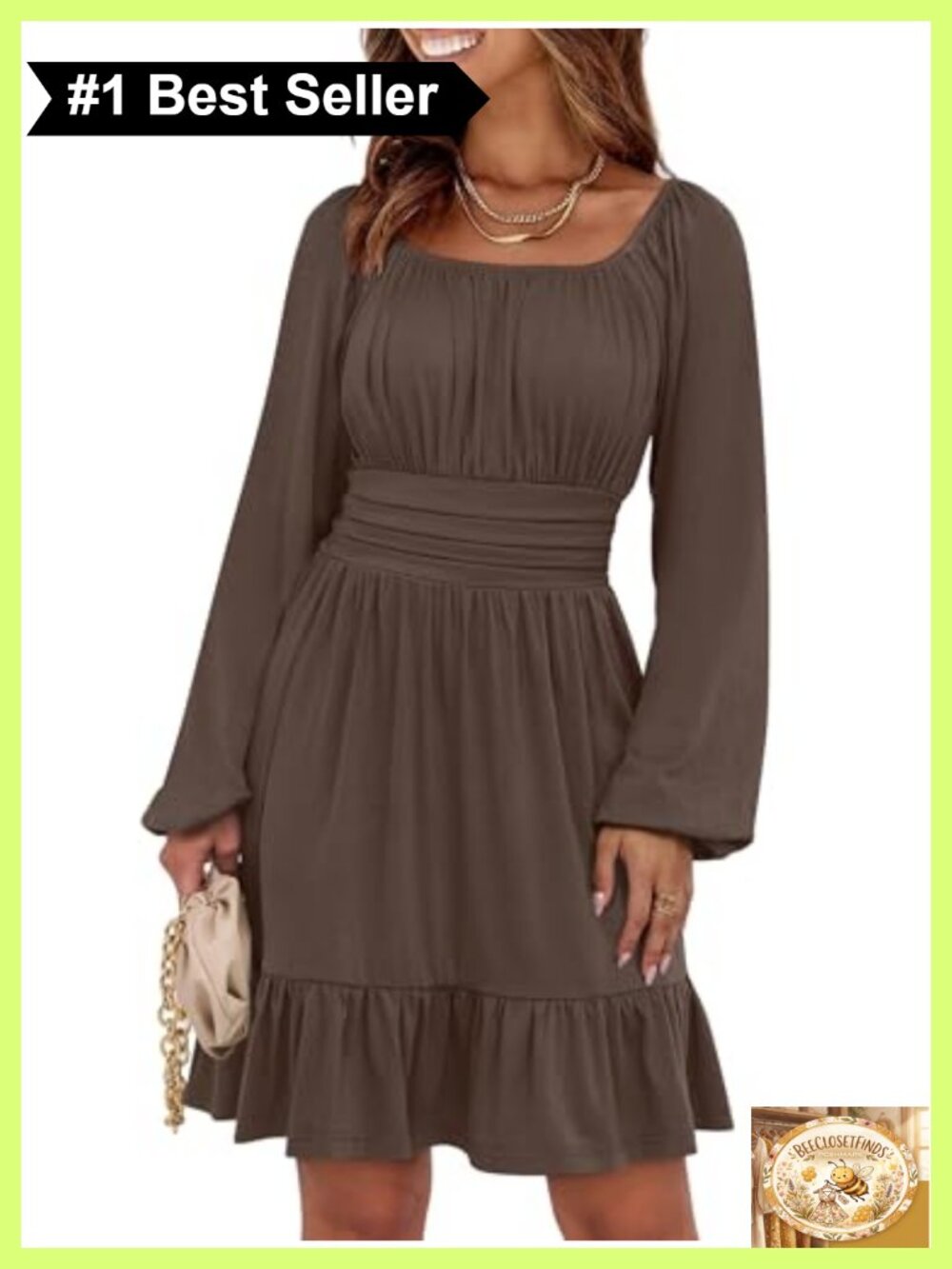 Women Long Lantern Sleeve Square Neck Ruched Bust Smocked Waist Short Dress